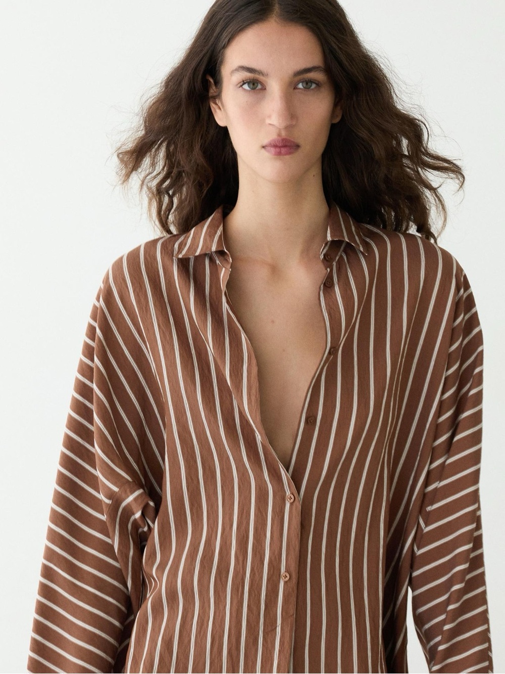 Massimo Dutti Brown and White Striped Button-Up Blouse Size Small - Picture 3 of 16